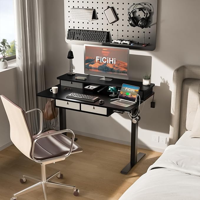 Adjustable Height Standing Desk with 4 Drawers,48 x 30 inches Electric Sit Stand Desk for Home Office,3 Memory Presets,Monitor Stand Riser,USB A/C Charging Port