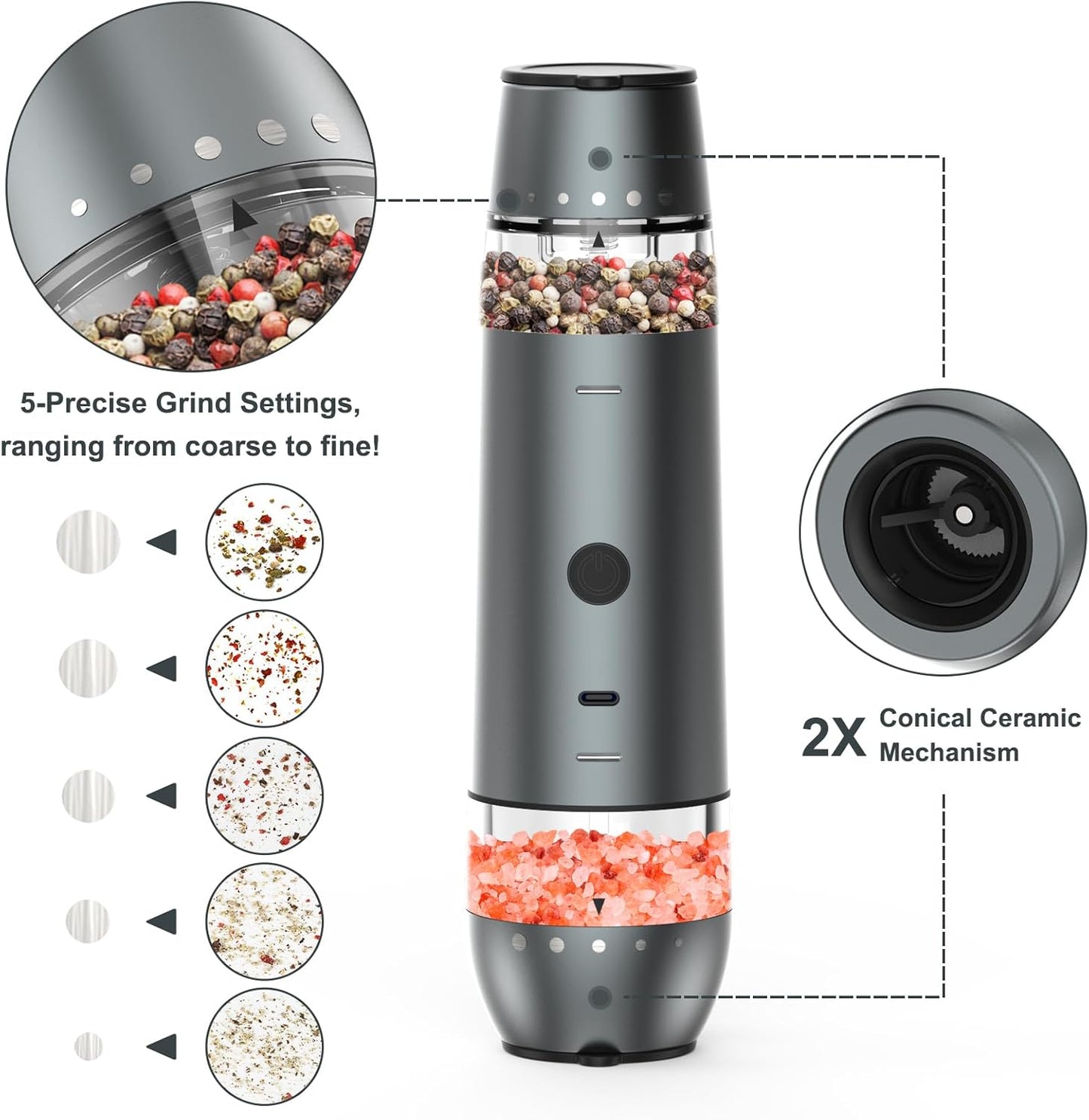 Electric Salt and Pepper Grinder Set 2 In 1 Duel Heads Grinding, Type-C Rechargeable, One-Hand Operation & Gravity, Automatic Salt and Pepper Grinder Set, Adjustable Coarseness (Gunmetal Grey)