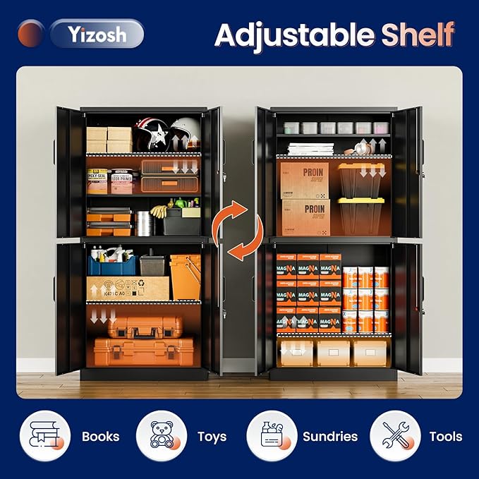 Yizosh Metal Storage Locking Cabinet with 4 Doors and 2 Adjustable Shelves,71" Lockable Garage Tall Steel Cabinet,for Home Office,Living Room,Pantry,Gym,Commercial Storage (Black)