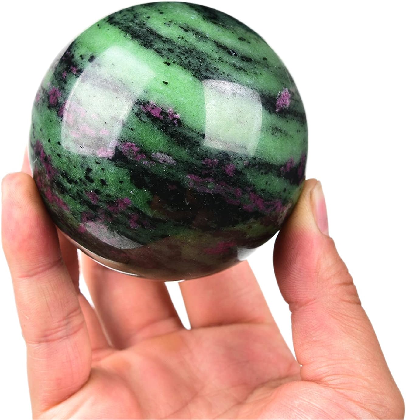 JIC Gem Crystal Sphere Ruby Zoisite Healing Ball With Wood Base - Red&Green Treasure Gemstone for Reiki Chakra Decor (70-80mm)