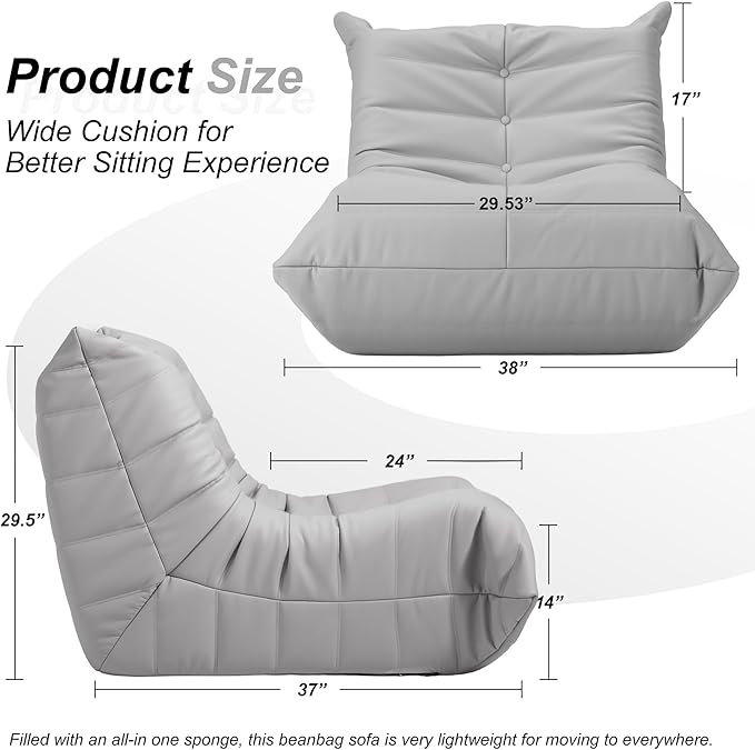 Hobestluk Giant Bean Bag Chair Lazy Floor Sofa, Memory Foam Fireside Sofa for Adults, Big Beanbag Faux Leather Armless Chair for Living Room Bedroom Dorm Office (Light Grey, Single)