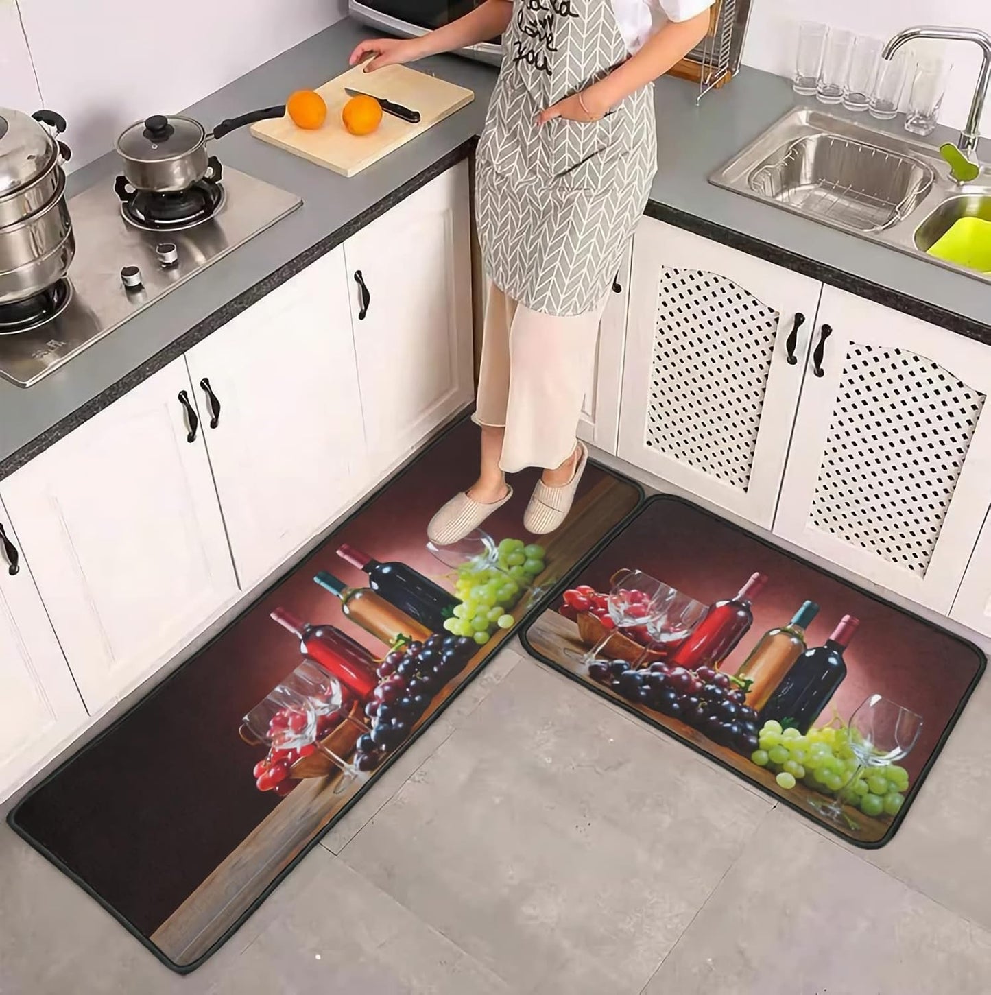 2 Piece Wine Kitchen Rug Set, 3D Wine Glasses Kitchen Rugs and Mats Non Skid Washable Absorbent Microfiber Kitchen Floor Decor Mat 17"x 47"+17"x 30"