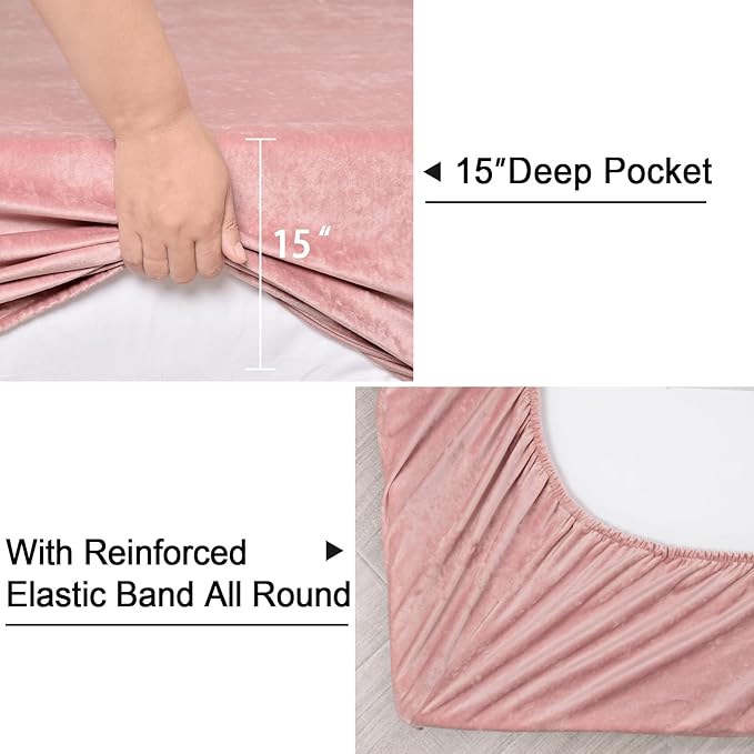 PHF Truly Velvet Fitted Sheet Only Twin Size, Luxury Super Soft Cozy Fuzzy Flannel Bottom Sheet, Deep Pocket Up to 16",Strenghth Elastic Band, Suitable for Fall Winter Spring, No Pillowcases, Pink