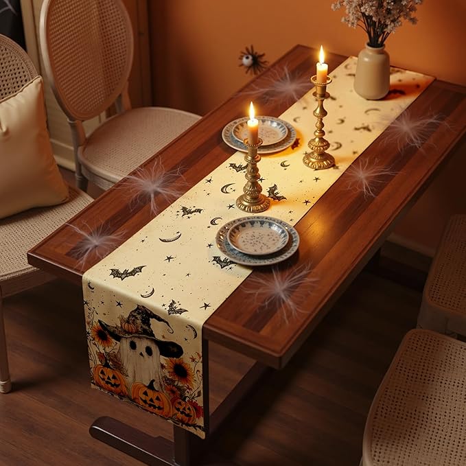 Halloween Table Runner with Ghosts, Bats, Pumpkins & Sunflowers, Table Decoration for Dining Party and Home Decor,48x13 inches
