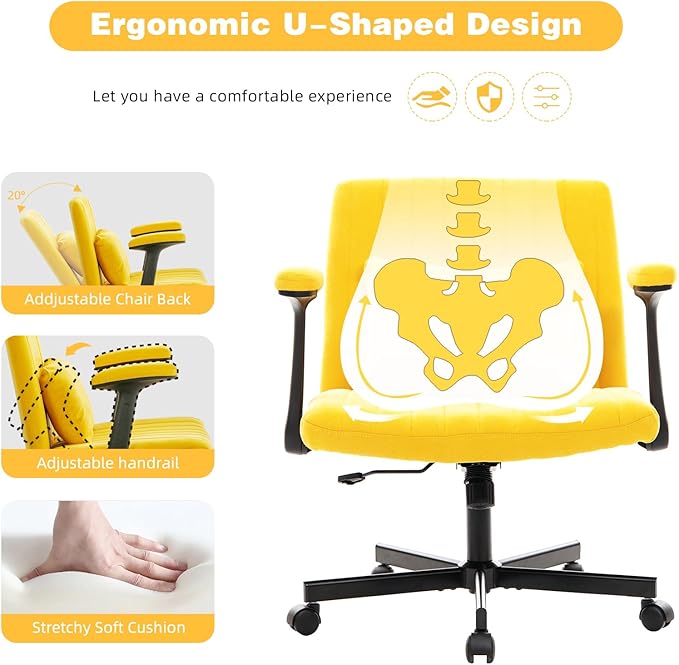 Furnimart Criss Cross Desk Char Wide Seat with Wheels and Arms, 360° Swivel Cross Legged Desk Chair Thick Cushion, Velvet Comfy Armless Home Office Chair for Bedroom, Vanity, Sturdy (Yellow)