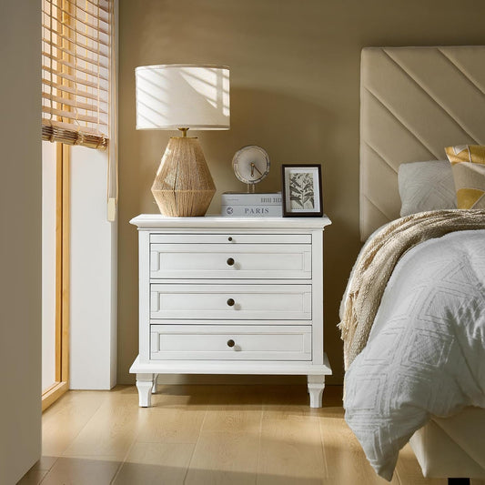 HULALA HOME Farmhouse 3 Drawer Nightstand with Tray, Drawer Organizer with Solid Wood Legs, Nightstand with Charging Station(White)