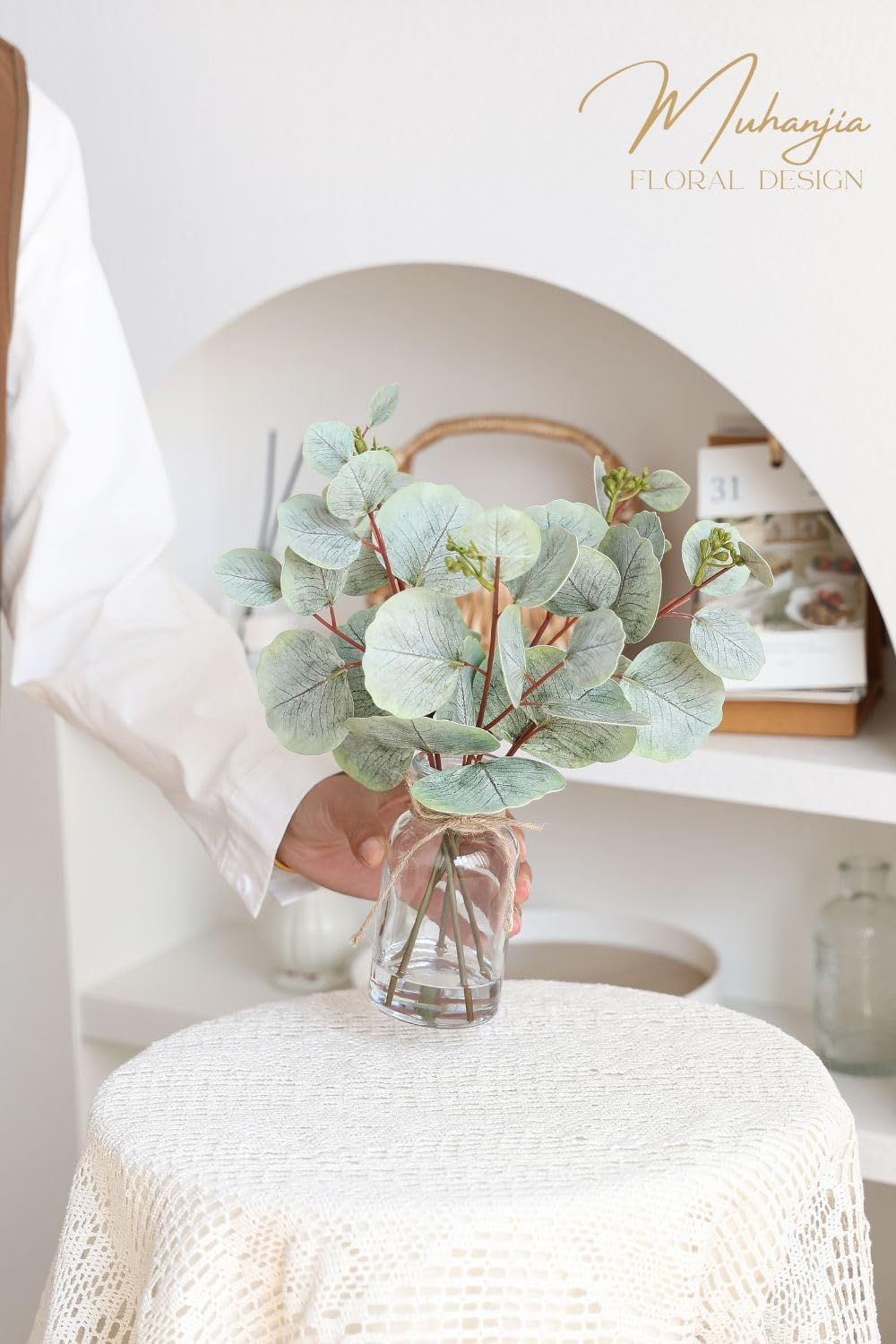 Artificial Eucalyptus Stems in Glass Vase with Faux Water,5Pcs Fake Plant with Double-Sided Leaves and Green Seeds for Centerpiece (Double-Sided Green Eucalyptus with Seed)