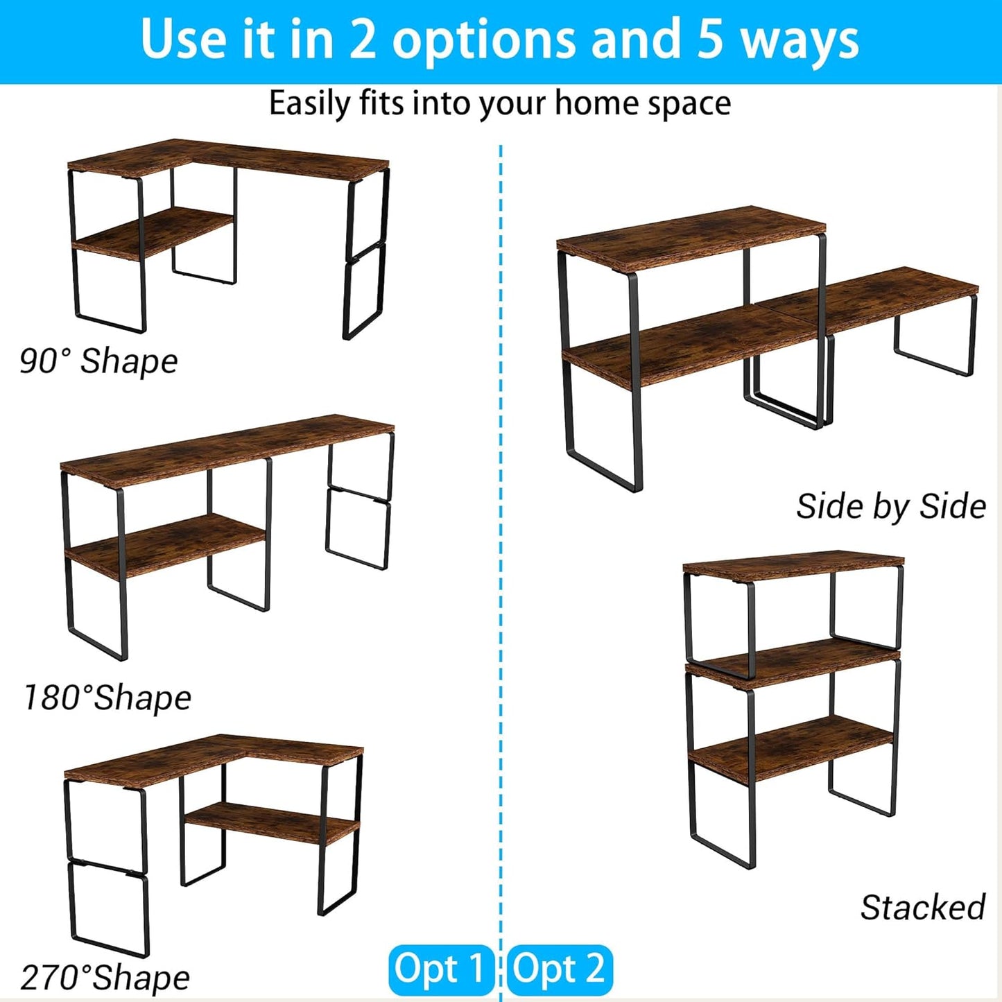 Large Countertop Organizer Corner Shelf, 2 Tier Adjustable Stackable Corner Shelves for Kitchen, Bathroom, Spice Rack, Coffee Area, Over Sink, Dresser Table, Corner Counter Shelf Stand, Rustic Brown