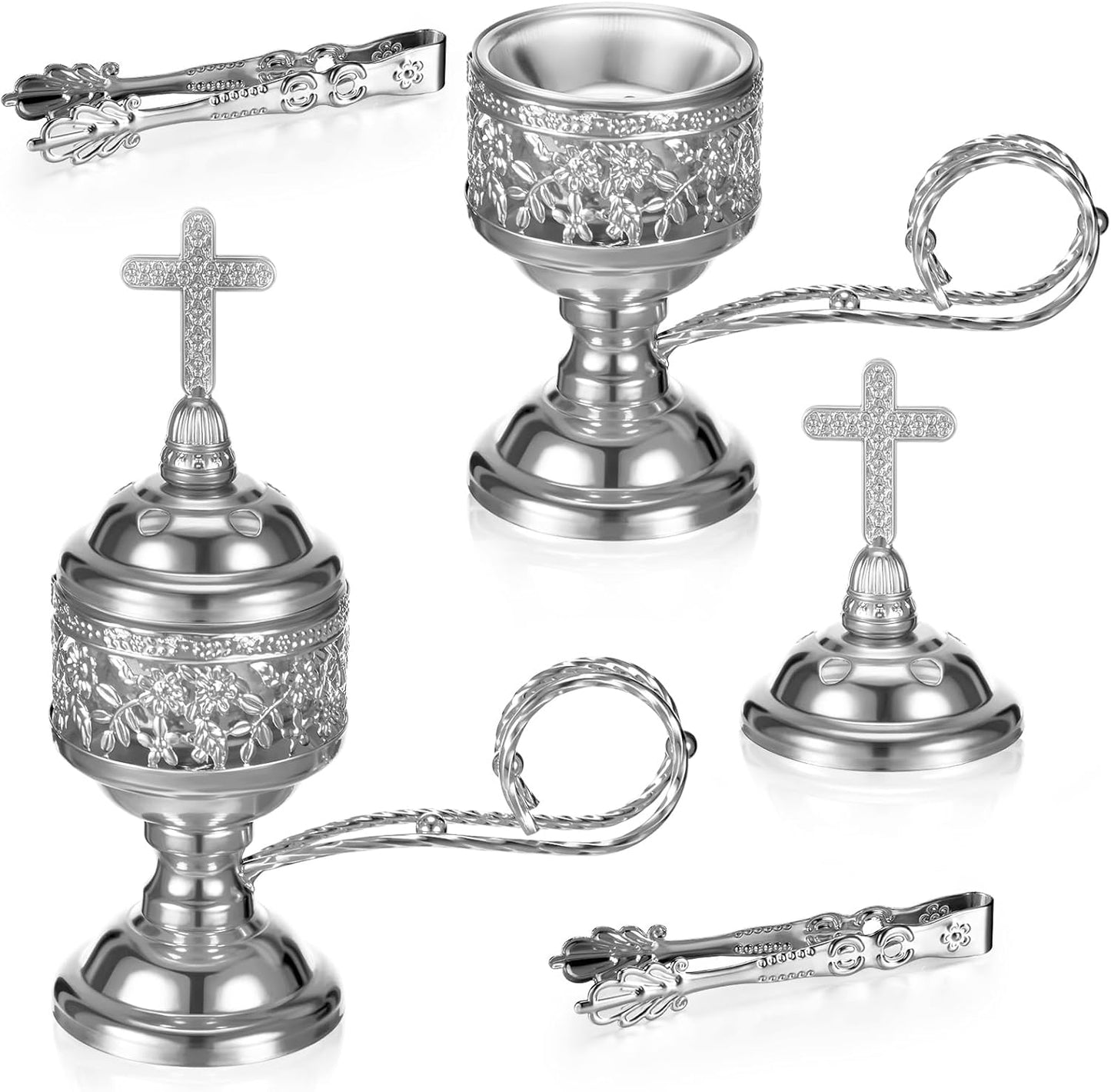 Zonon 2 Sets Incense Burner with Tong, Frankincense Charcoal Incense Stand Holder, Ideal for Yoga, Spa, Aromatherapy, Home and Christian Church Censer (Sliver)