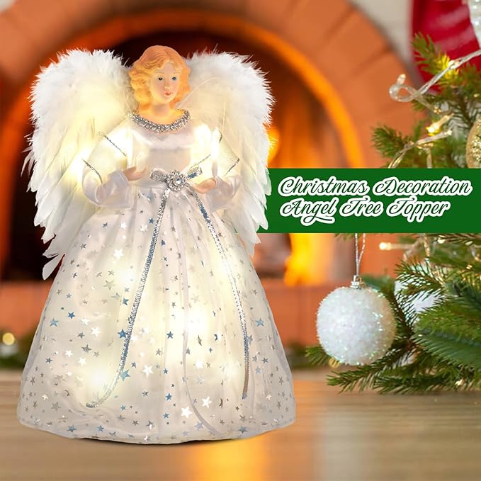 Angel Christmas Tree Topper with Light, Lighted Tree Toppers Christmas Decorations, Elegant and Durable, Perfect for Holiday Home Decor and Gifts, White, WOKEISE