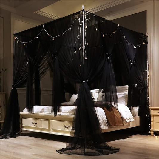 VETHIN 4 Corners Post Princess Bed Canopy Curtain Double Layer Cozy Drape Netting 4 Opening Mosquito Net for Girls & Adults Bedroom Decoration Accessories (Double Black, 64" W*82" L*82"*H/(Queen))