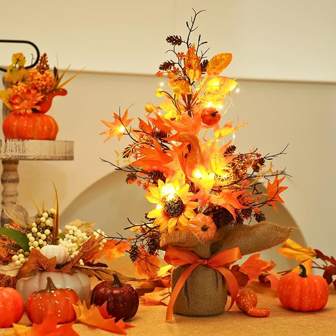 18 Inch Fall Table Tree, LED Lighted Fall Tree with Sunflowers Maple Leaf Pumpkin,Artificial Fall Tree for Autumn Harvest Thanksgiving Home Decor