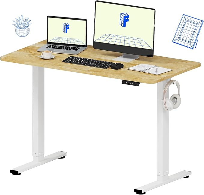 FLEXISPOT EN1 One-Piece Solid Wooden Standing Desk 48 x 24 Inches Height Adjustable Electric Sit Stand Home Office Desks (White Frame + Rubber Wood Top, 2 Packages)