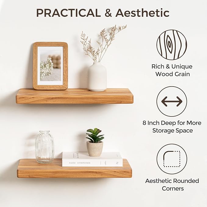 Rustic Solid Elm Wood Floating Shelves, 18" W x 8" D Floating Shelf Wall Mounted, 8 Inch Deep Wall Shelves, Wooden Bathroom Shelf for Home, Deep Bookshelf for Living Room, Set of 2