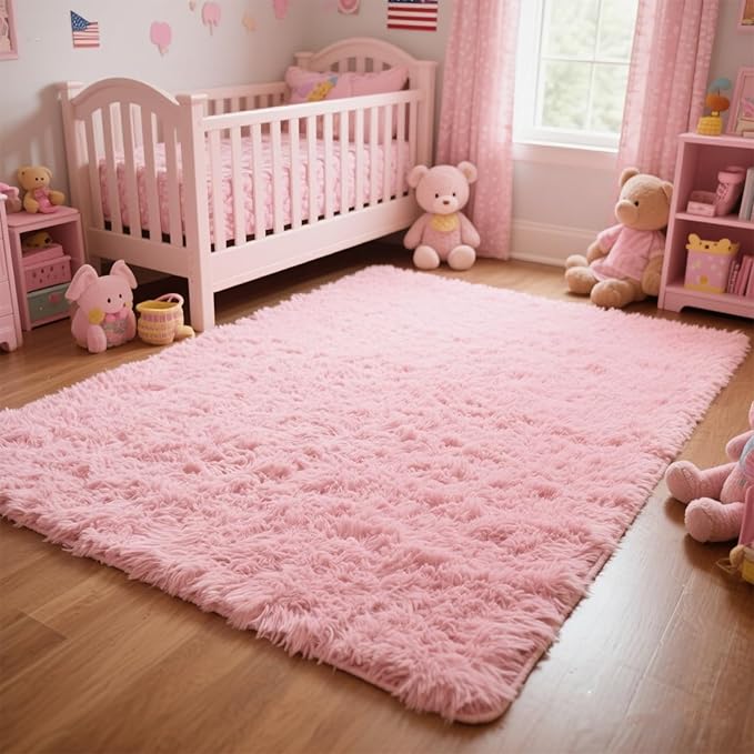 Pink Area Rugs for Girls Bedroom, 6x9 Fluffy Fuzzy Shaggy Carpet for Kids Playroom Nursery Living Room, Thick Soft Plush Mat for Kids Baby Boys Teen Dorm Home Decor Aesthetic