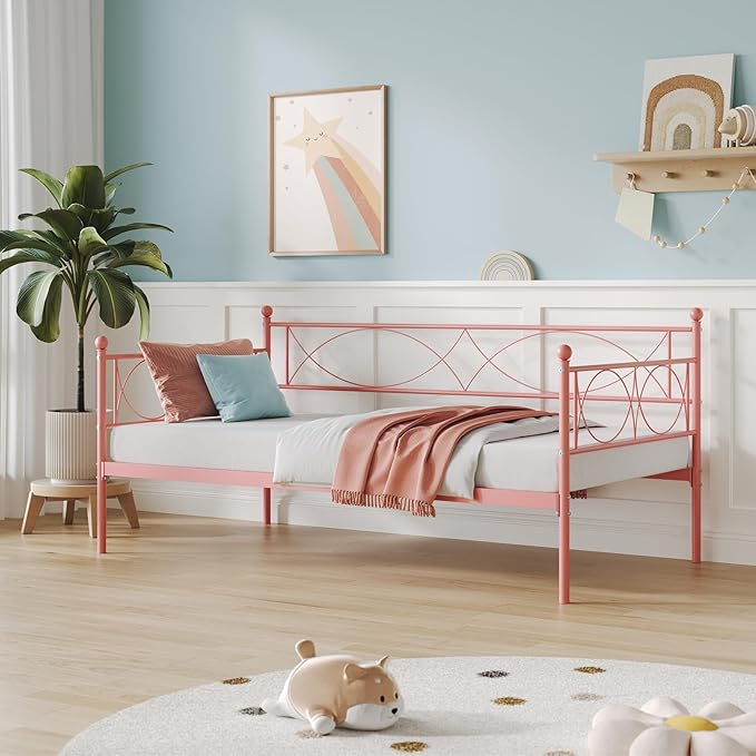 IDEALHOUSE Twin daybed with Trundle, Metal Twin Daybed and Trundle Set, Day Bed Sofa Bed Frame with Steel Slat Support, Multifunctional Daybed Frame for Bedroom (Pink Daybed)