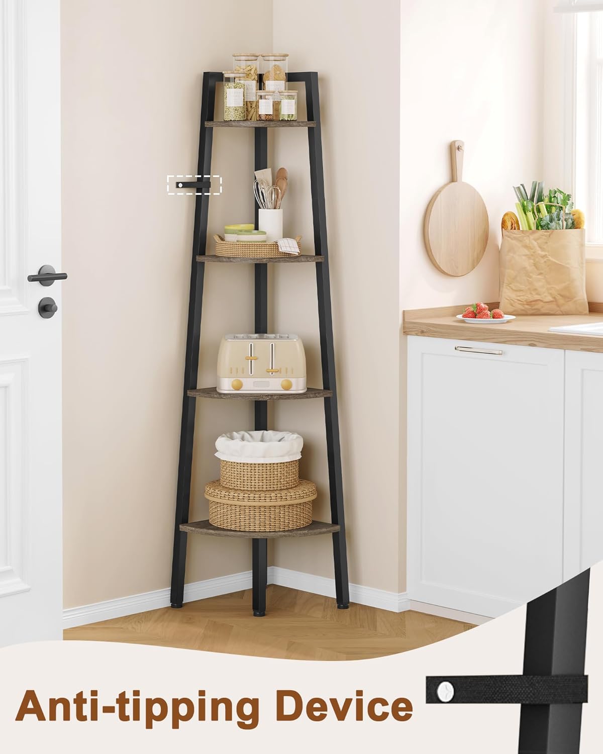 Hoctieon Corner Shelf, 4-Tier Corner Bookshelf, Rustic Ladder Shelf, Industrial Display Stand for Living Room, Kitchen, Home Office, Balcony, Small Space, Metal Frame, Grey