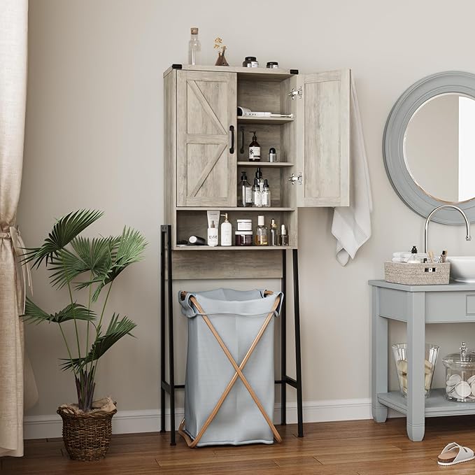 Over The Toilet Storage Cabinet with 2-Door Design Bathroom Organizers and Storage with Anti-Tip Device Over Toilet Organizer with Shelves for Bathroom,Restroom,Laundry Grey