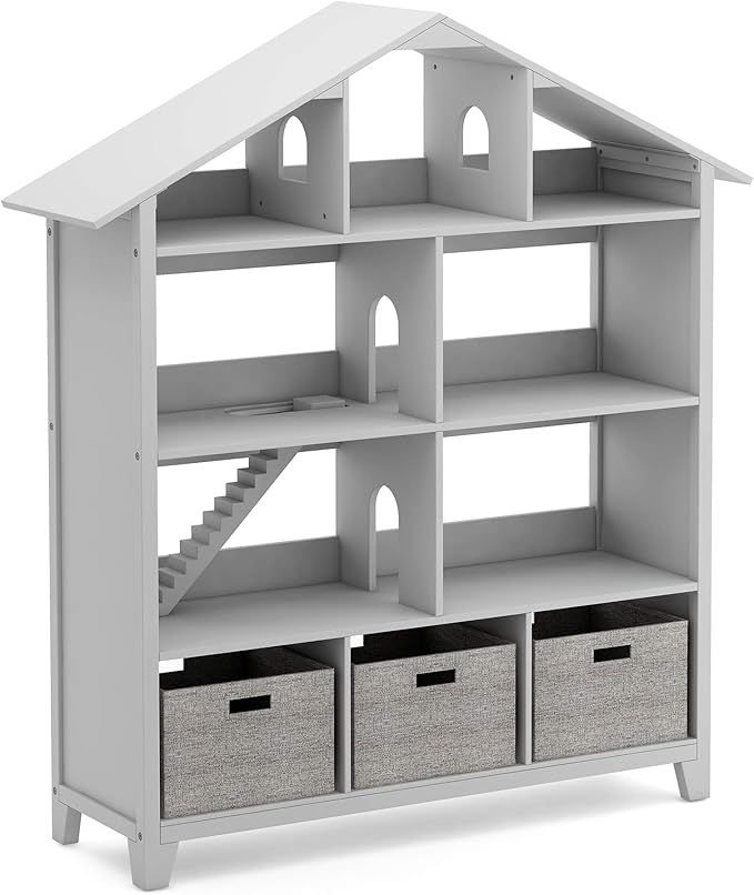 Martha Stewart Kids' Deluxe Dollhouse Bookcase - Gray: Kids Wooden Bookshelf and Tall Book Shelf Organizer with Toy Storage | Toddler Book Rack | Dollhouse Bookshelf | Playroom or Bedroom Storage