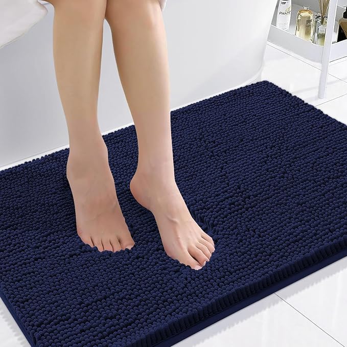 Smiry Luxury Chenille Bathroom Rugs 36x24, Extra Soft and Absorbent Shaggy Bath Mat, Machine Washable, Non-Slip Plush Carpet Runner for Tub, Shower, and Floor, Home Decor Accessories, Navy Blue
