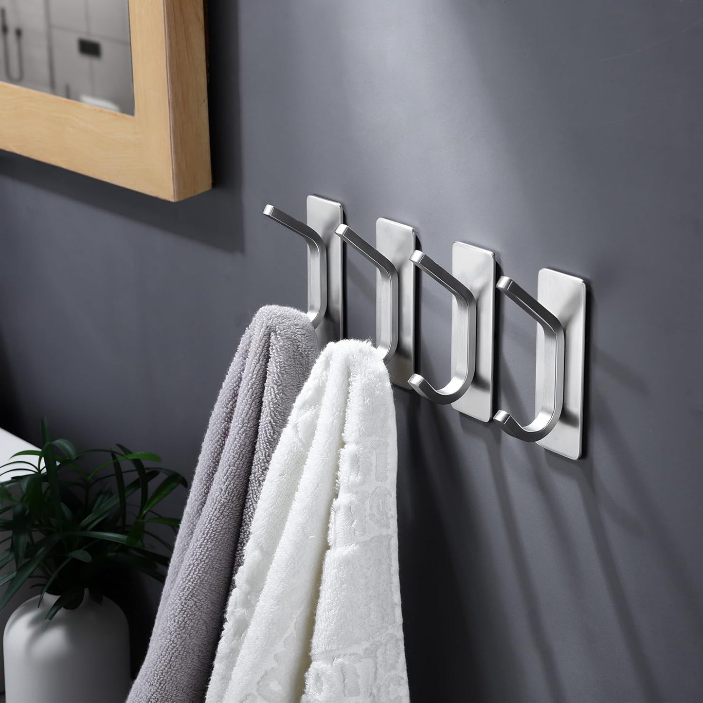 DELITON Adhesive Towel Hooks for Bathroom - 4 Pack Heavy Duty Stick on Wall Hooks, Waterproof Robe/Coat Hangers for Kitchen, Shower (Silver, Stainless Steel)