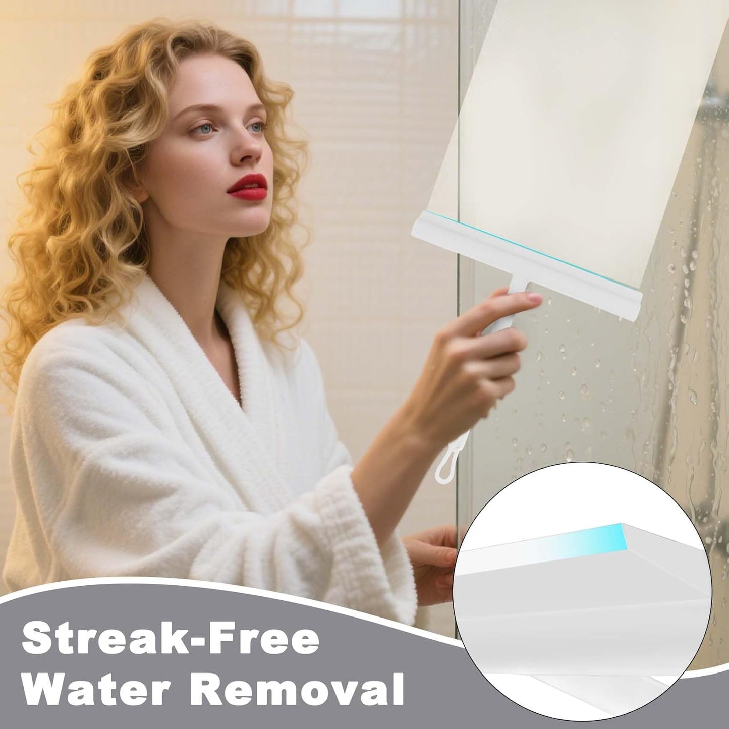 Squeegee for Shower Glass Doors, Resilient Loop - No-Drill & Adhesive Hook, Silicone Shower Squeegee with Stainless Steel Core, Cleaning Tool for Home, Kitchen, Bathroom & Car - White