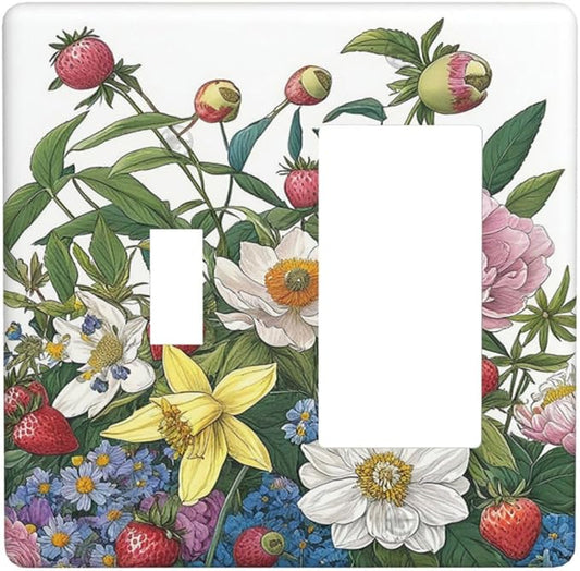 Spring Watercolor Flower Plant Strawberry Peony Floral Outlet Covers 1 Toggle 1 Rocker Combination Electrical Switch Plates Light Switch Cover Plate Decorative Wall Plate for Bedroom living Room Decor