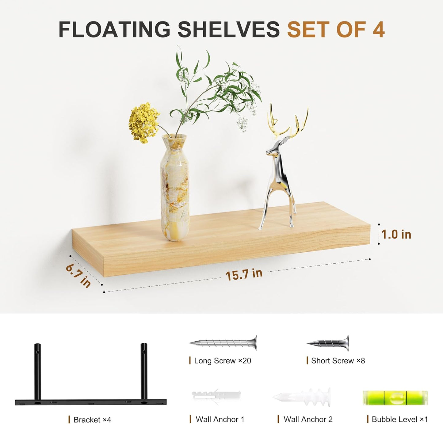 Bellsal Floating Shelves for Wall, Maple Wood Wall Shelf Set of 4, 16" Wall Mounted Floating Shelf for Kitchen, Living Room, Bedroom, Bathroom Storage, Book Shelfs for Home Decor Frame Display