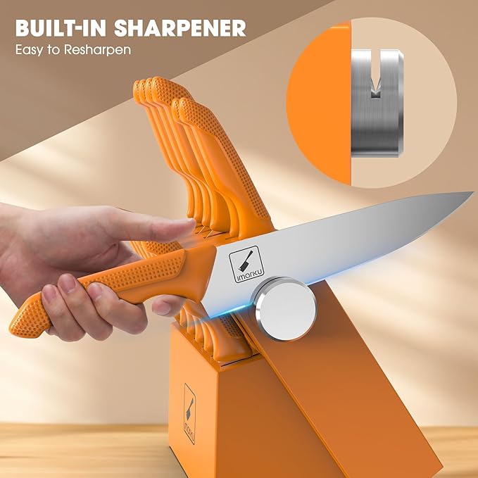 imarku Knife Set, Sharp Block Knife Set with Built-in Sharpener, Japanese Stainless Steel with Non-Slip Ergonomic Handle, Dishwasher Safe, Kitchen Gifts for Man Woman, Best For Home gift, Burnt Orange