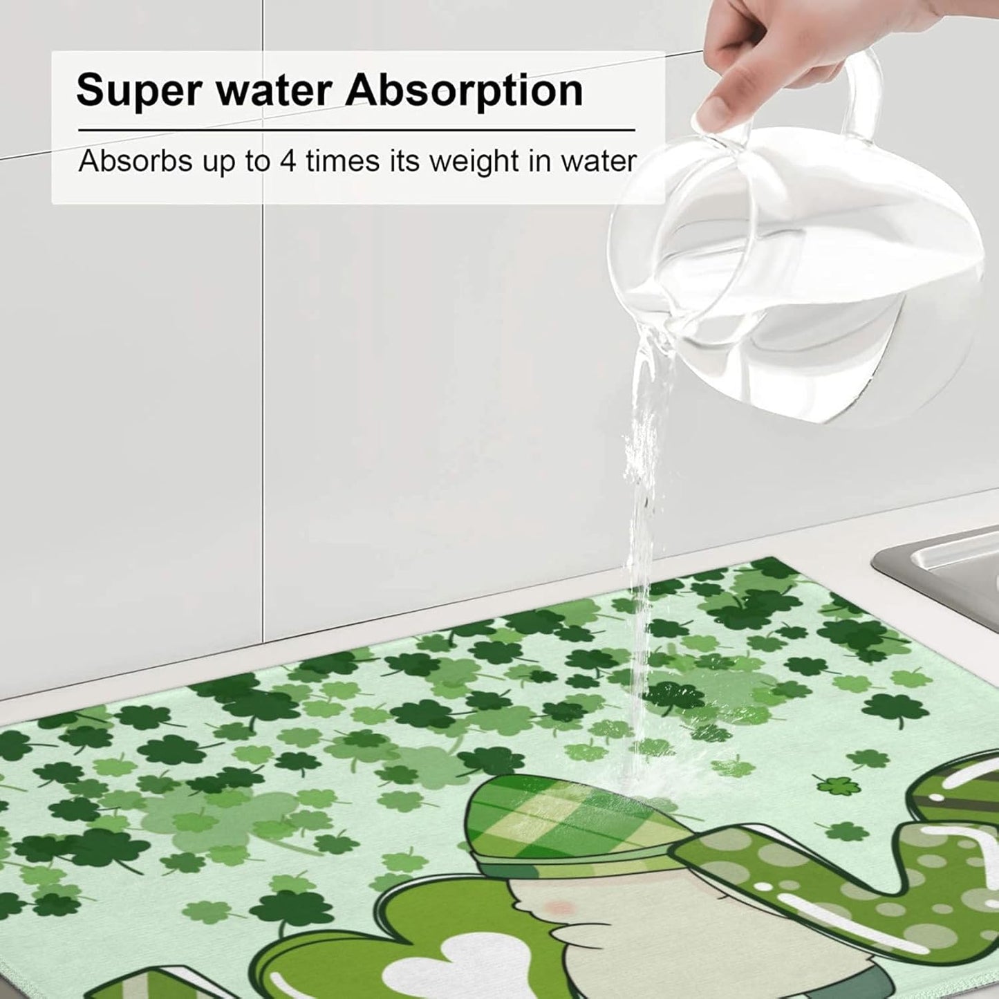 Green Clover Love Dish Drying Mat 18x24 For Kitchen Counter Absorbent Microfiber Dishes Pad Dish Drainer Rack Mats Fast Dry Kitchen Accessories