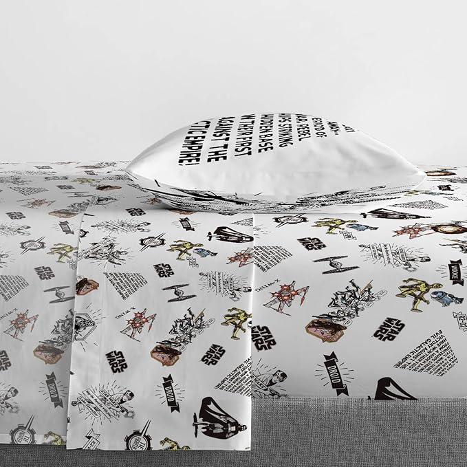 Jay Franco Kids Sheet Set with Fitted, Flat Sheets & Pillow Cover - Ultra-Soft Bedding with Pillowcase for Room Decor, White - Star Wars, 3 Piece Twin