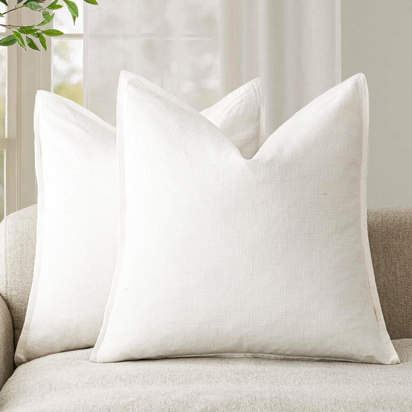 Foindtower Pack of 2, Decorative Linen Soild Throw Pillow Covers Soft Accent Cushion Case Boho Farmhouse Neutral Pillowcase for Chair Couch Sofa Bedroom Living Room Home Decor 16 x 16 Inch Cream White