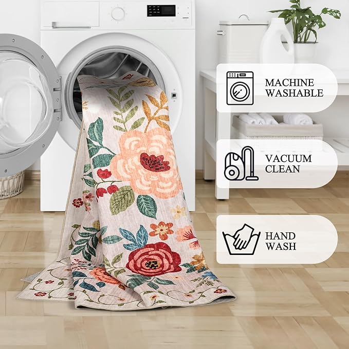 DUKINO 9x12 Area Rug, Floral Rugs for Living Room, Lightweight Non Slip Washable Rug, Indoor Low Pile & Non-Shedding Boho Design Rugs for Bedroom, Living Room, Dining Room, Beige