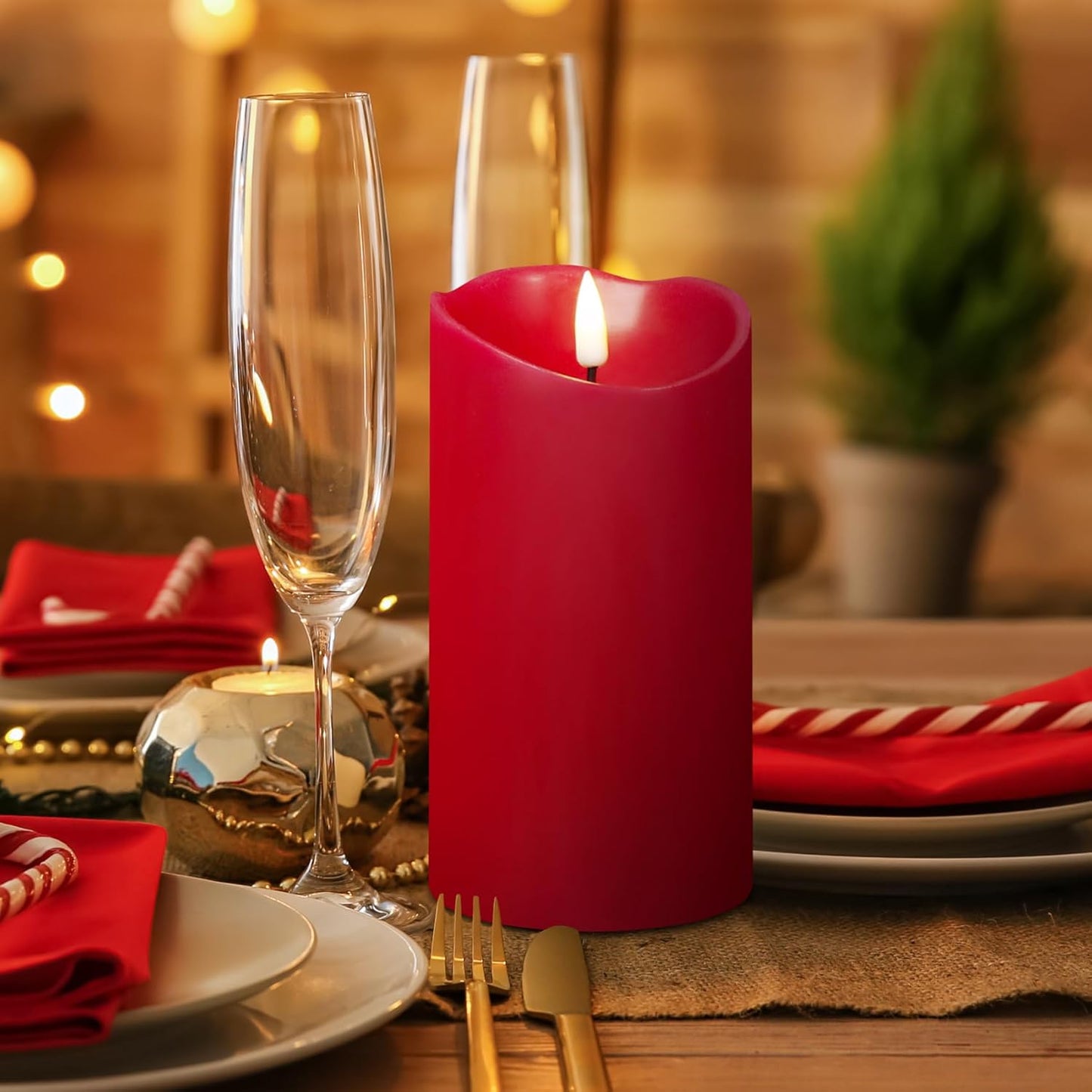 Eywamage Red Flameless LED Pillar Candles with Remote, Real Wax Flickering Battery Operated Christmas Candles Set of 3