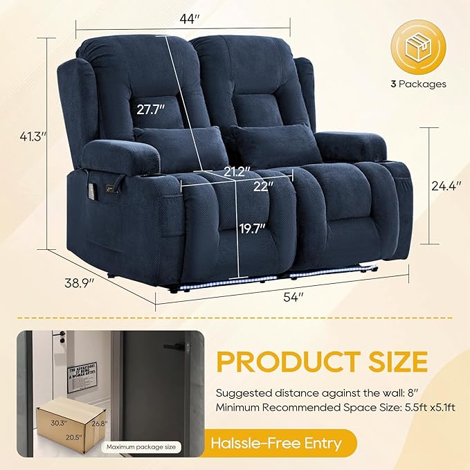 IPKIG 54" Power Reclining Loveseat Sofa, Electric Home Theater Seating with 4 Colors Ambient Lighting/USB Ports/Cup Holders for Living Room, Bedroom, Home, RVs (Navy Blue, 2 Seater)