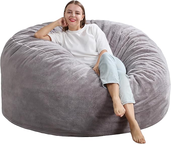 Hobestluk 5ft Bean Bag Chairs for Adults Large Beanbag Chair with Plush Faux Fur Cover Big Bean Bag Chair for Living Room Bedroom Dorm Office - Grey (50” x 50” x 24”)