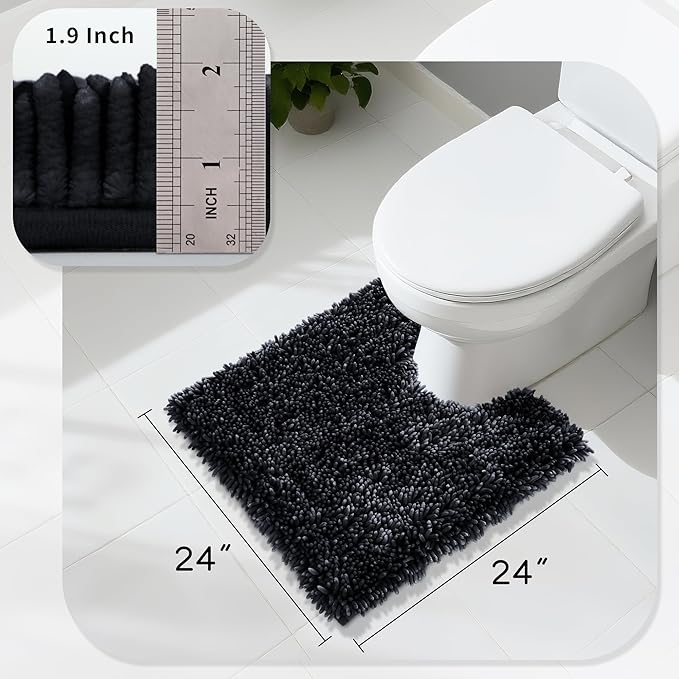 Yimobra Toilet Rugs U Shaped Washable, Extra Thick Soft Absorbent Chenille Contour Bathroom Rugs for Toilet 24x24 Inch, Quick Dry Non Slip Toilet Mat for Bath Floor, Black