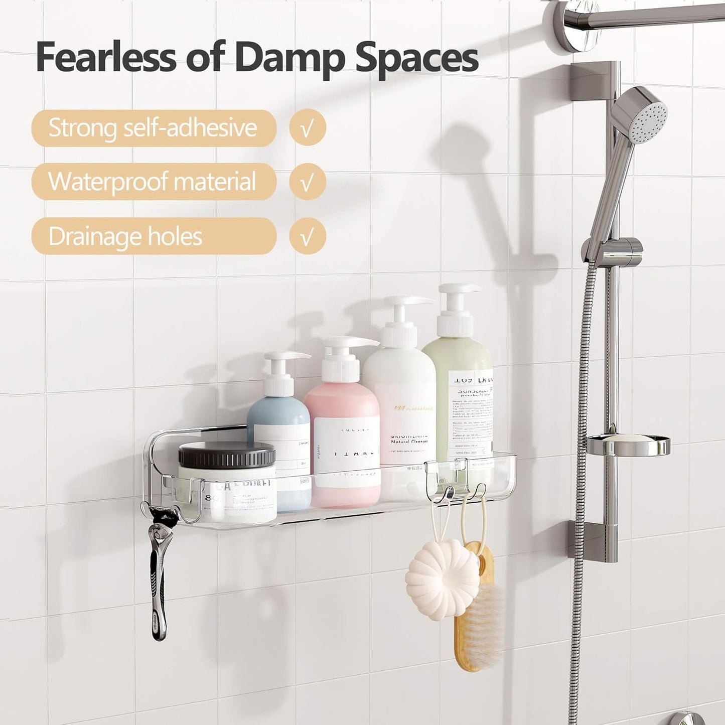 UDD Acrylic Shower Caddy Shower Organizer, Plastic Adhesive Shelf with Hook and Self Adhesive Tape, No Drilling Clear Wall Mount Shower Shelves for Bathroom Kitchen, Clear