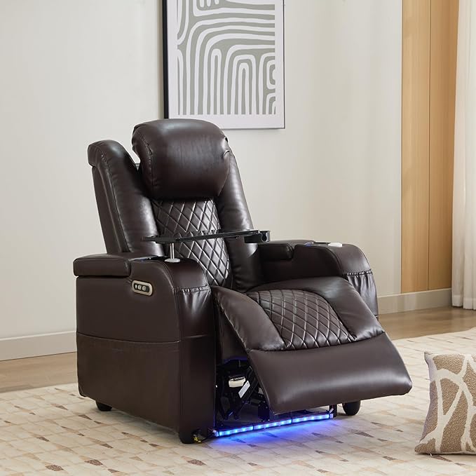 Home Theater Seating Seats, Game Movie Theater Chairs Theater Recliner Sofa with 7 Colors Ambient Lighting, Lumbar Pillow, Side Pocket, Tray Table, Power Recliner
