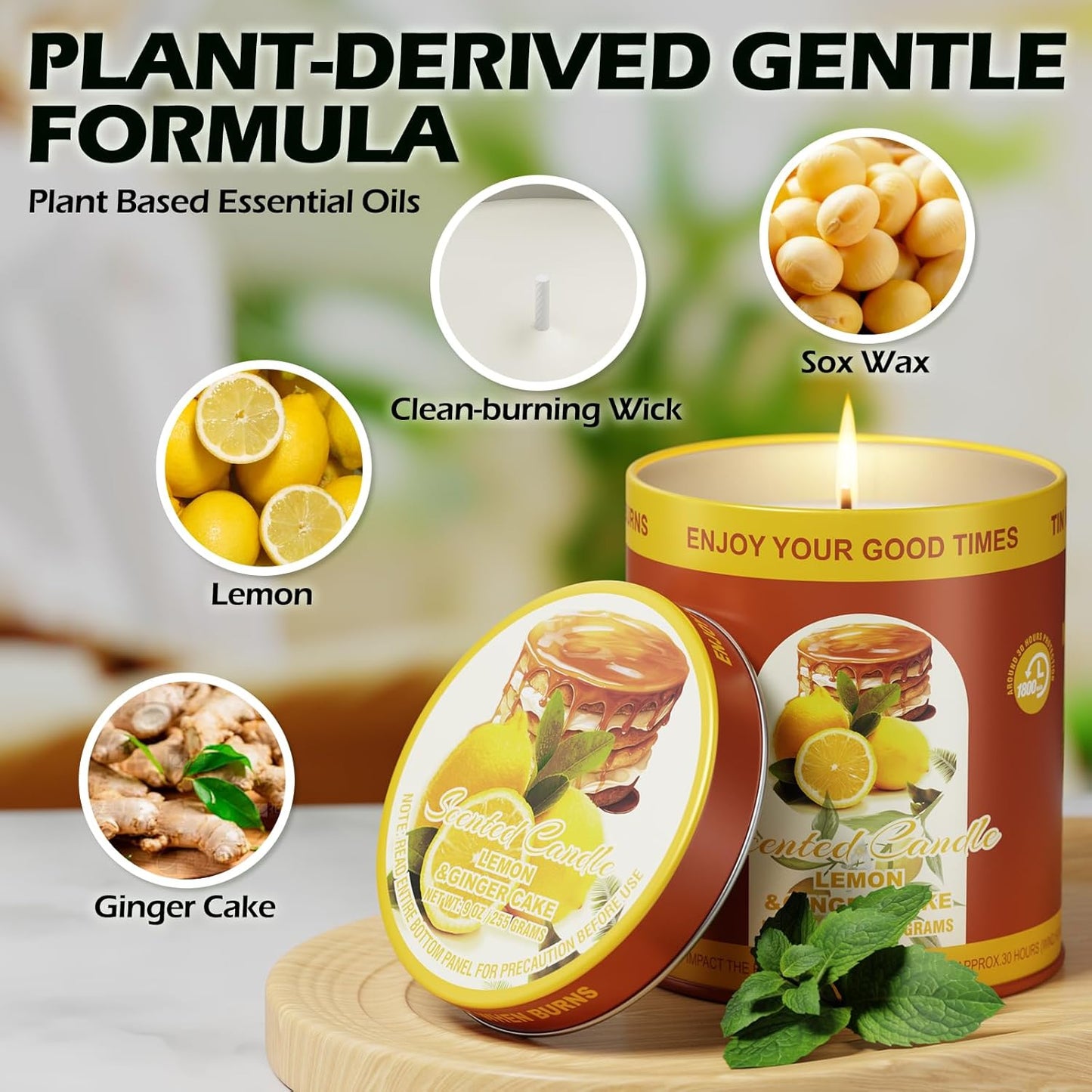 Lemon Ginger Cake Scented Candles Set | 2Pack 18OZ 8% Essential Oils 80H Burn Time | Clean Burning Smokeless for Aromatherapy Tin Jar Soy Wax Candle, Meditation, Yoga, Spa Gift Set for Men&Women