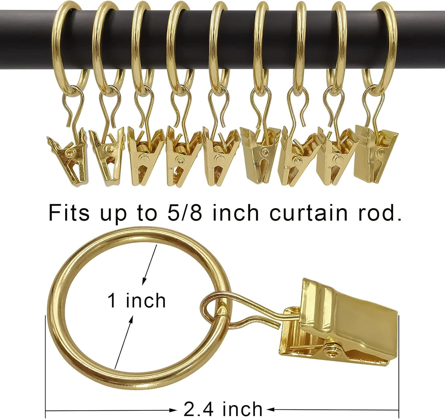 100 Pack Metal Curtain Rings with Clips, Drapery Clips with Rings, Drapes Rings 1 inch Inner Diameter, Fits Diameter 5/8 inch Curtain Rods, Gold Color