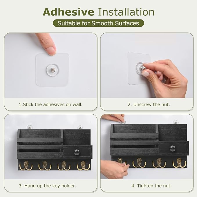 Key Holder Wall Mount, Wooden Adhesive Mail and Key Organizer with Drawer, Small Shelf, 8 Hooks, 2 Installation Methods, Black