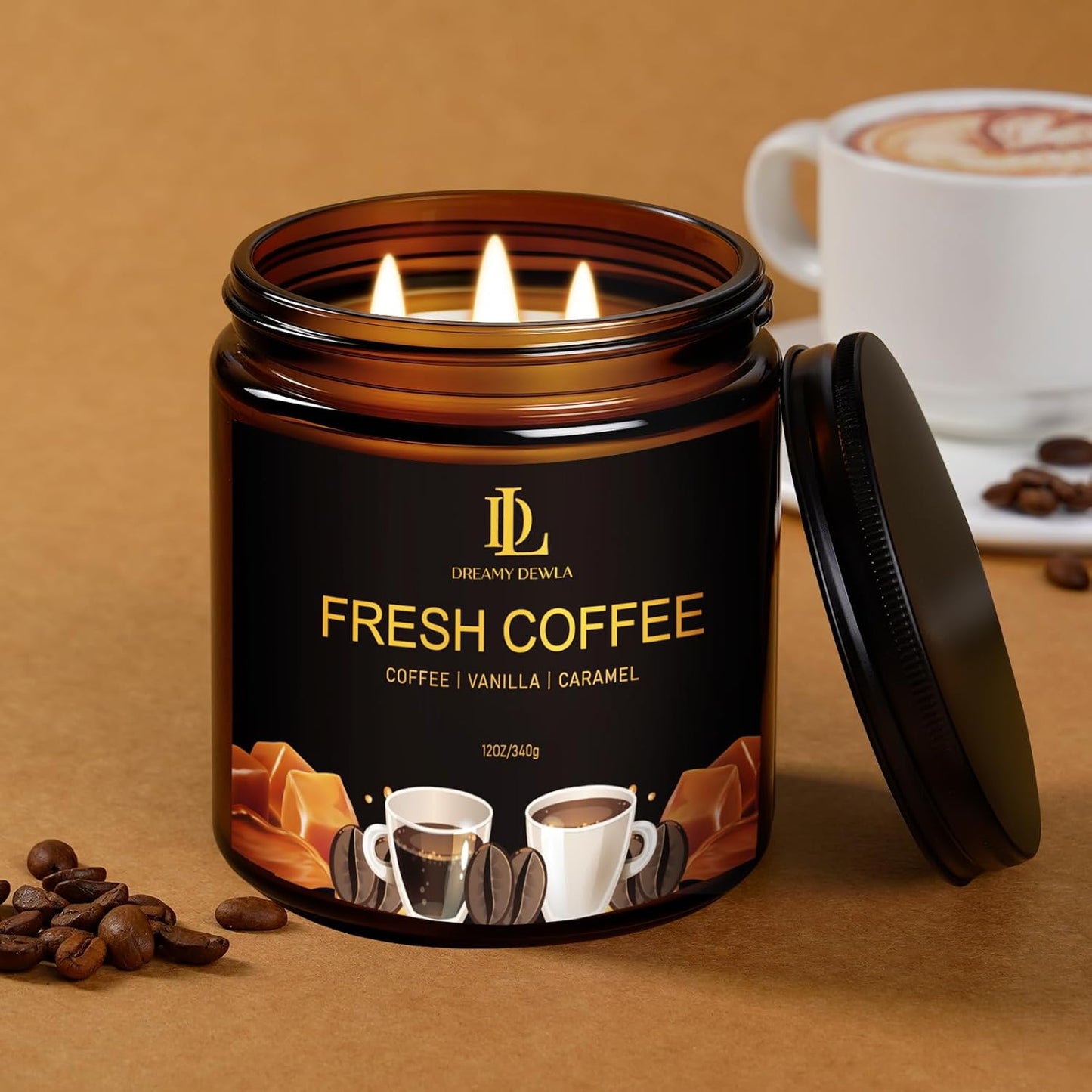 Fresh Coffee Scented Candle, 12oz 60 Hour Long Lasting Candles, Large 3 Wick Natural Soy Candles for Home Scented, Candle Gifts for Women Men