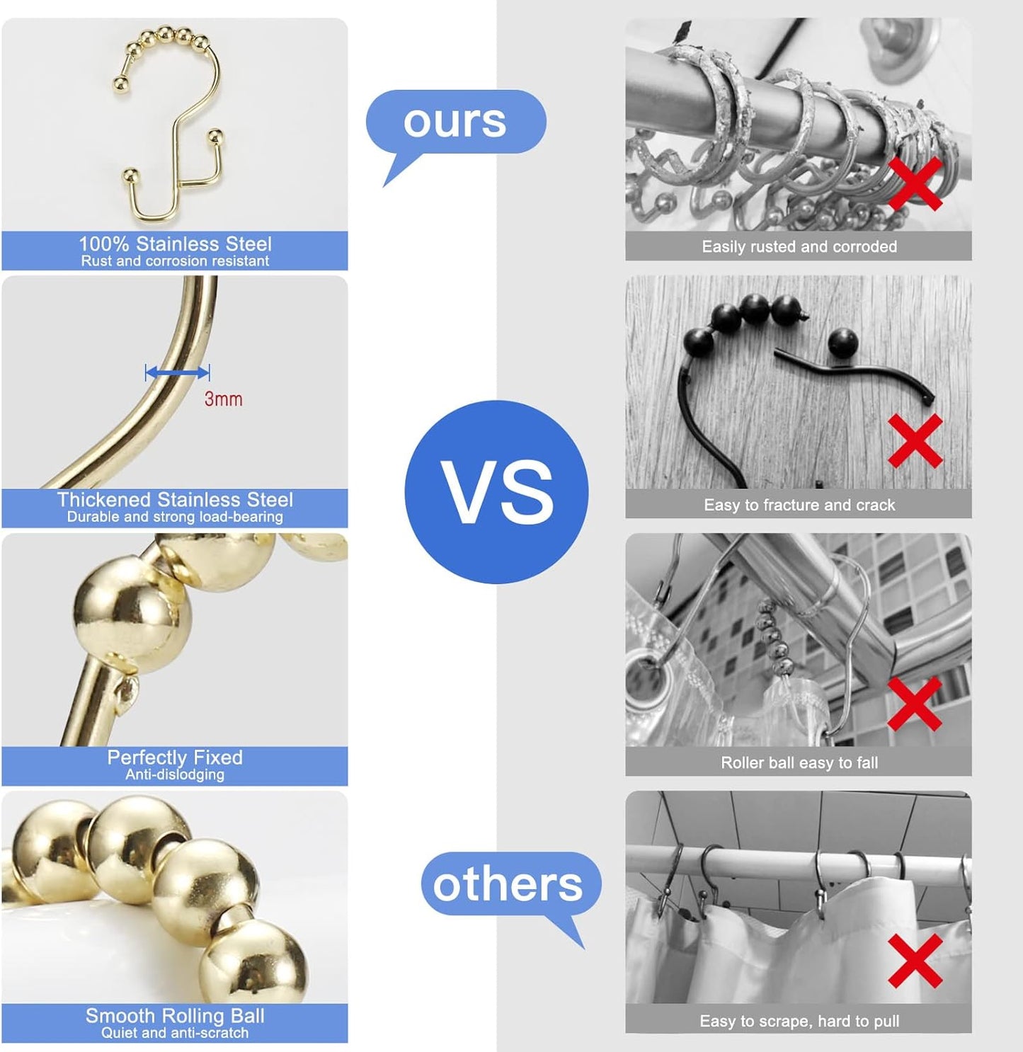 Shower Curtain Rings, SUTINE Shower Curtain Hooks, Stainless Steel Gold Shower Curtain Hooks Rust Proof, Easy Sliding Double Shower Hooks for Shower Curtains, Curtain & Liners, 12pcs-Gold