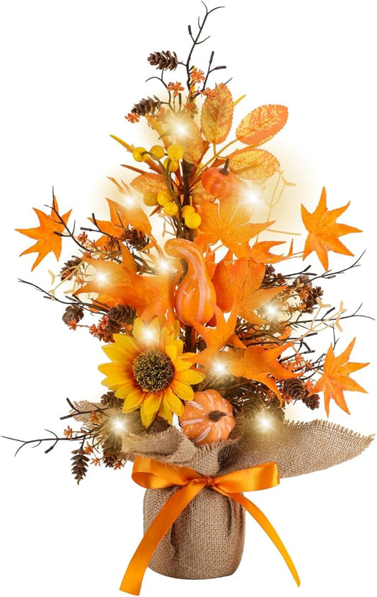18 Inch Fall Table Tree, LED Lighted Fall Tree with Sunflowers Maple Leaf Pumpkin,Artificial Fall Tree for Autumn Harvest Thanksgiving Home Decor