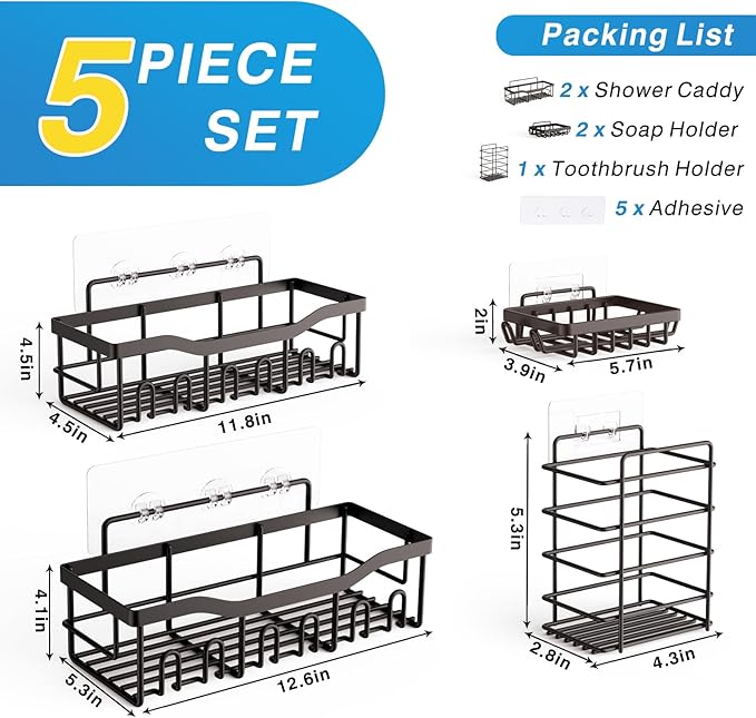5-Pack Rustproof Stainless Steel Shower Caddy Set– No Drill Adhesive Bathroom Organizer, Space-Saving Shower Shelves for Apartment Essentials, Bathroom/Kitchen Storage Home Decor-L Size