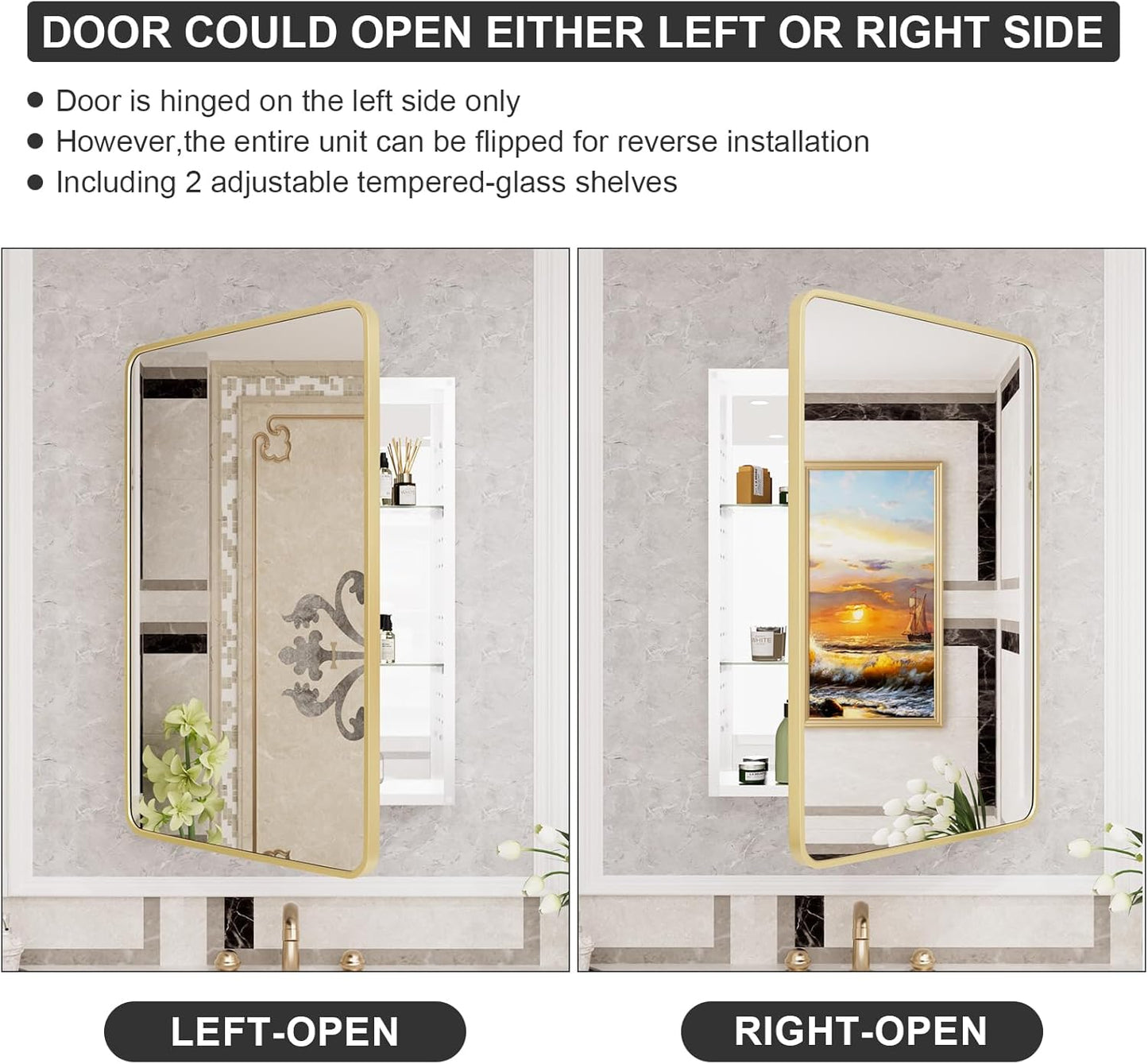 HOMECOOKIN Farmhouse Gold Metal Framed Recessed Bathroom Medicine Cabinet with Beveled Mirror Rounded Rectangle Bathroom Medicine Cabinet 24x36 inch