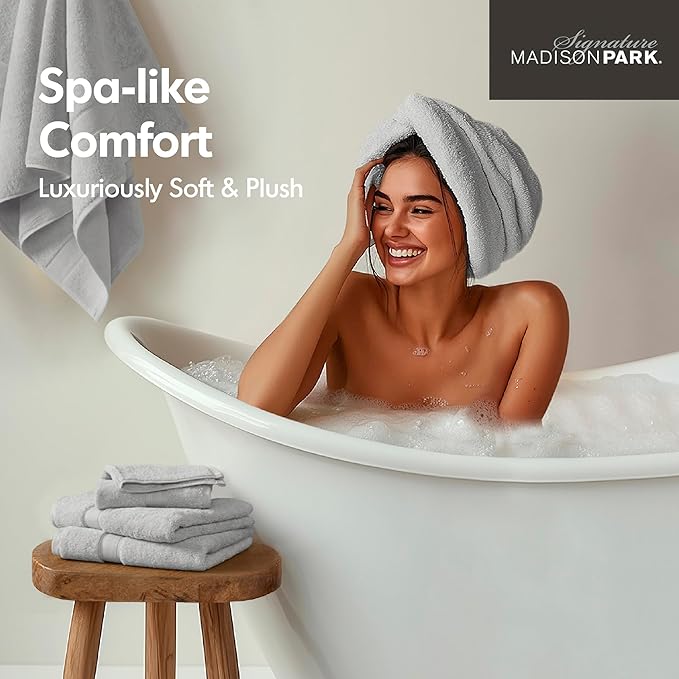 Madison Park 800GSM Bathroom Towel Set of 8 100% Cotton Bath Towel Set for Bathroom Luxurious Highly Absorbent 2 Bath Towels 2 Hand Towels 4 Washcloths Quick Dry Spa Quality Silver