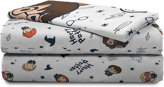 Jay Franco Kids Sheet Set with Fitted, Flat Sheets & Pillow Cover - Ultra-Soft Bedding with Pillowcase for Room Decor, White - Harry Potter, 3 Piece Twin