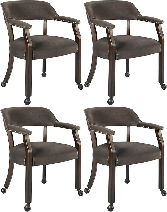 MODERION Dinning Chairs with Wheels and Arms Set of 4, Solid Wood Office Desk Chairs with Frosted Velvet Upholstered, Classic Swivel Accent Chairs, 31.5" H Boss Caption's Chair for, Taupe XXY-HT22-WG